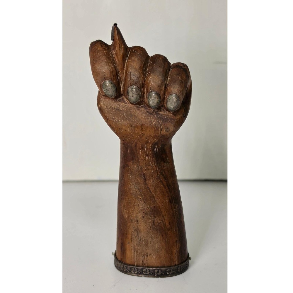 5 inch Hand Carved Wooden Figa Hand Sculpture 900 Silver Hallmarked Base antique